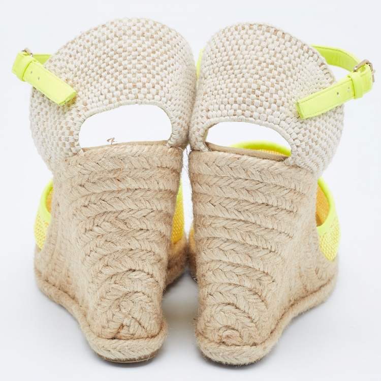 Pre Owned Stella McCartney Neon Yellow Mesh Espadrille Wedge Ankle Strap Pumps Size 37