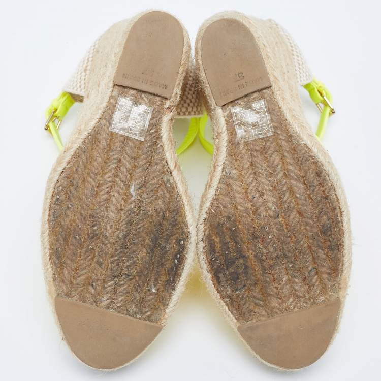 Pre Owned Stella McCartney Neon Yellow Mesh Espadrille Wedge Ankle Strap Pumps Size 37