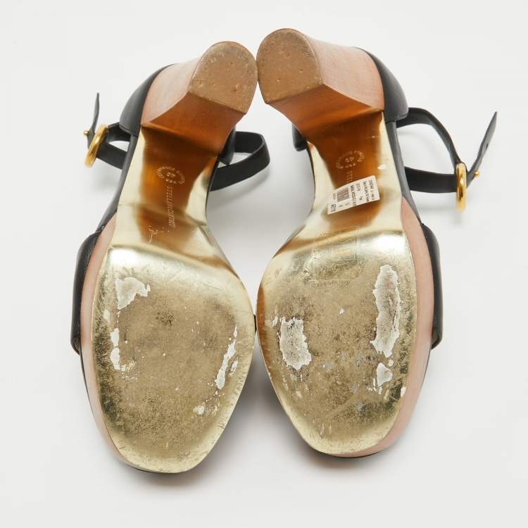 Pre Owned Stella McCartney Black Faux Leather Wooden Platform Ankle Strap Sandals Size 40