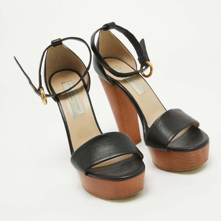 Pre Owned Stella McCartney Black Faux Leather Wooden Platform Ankle Strap Sandals Size 40