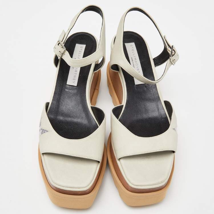 Pre Owned Stella McCartney Off White/Silver Faux Leather Elyse Star Platform Ankle Strap Sandals Size 38