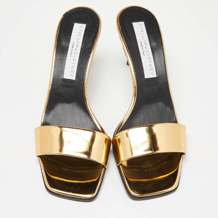 Pre Owned Stella McCartney Gold Faux Metallic Leather Slide Sandals Size 38
