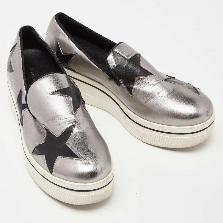 Pre Owned Stella McCartney Silver/Black Faux Leather Binx Star Slip On Sneakers Size 37