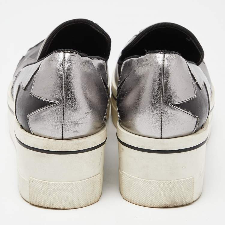 Pre Owned Stella McCartney Silver/Black Faux Leather Binx Star Slip On Sneakers Size 37