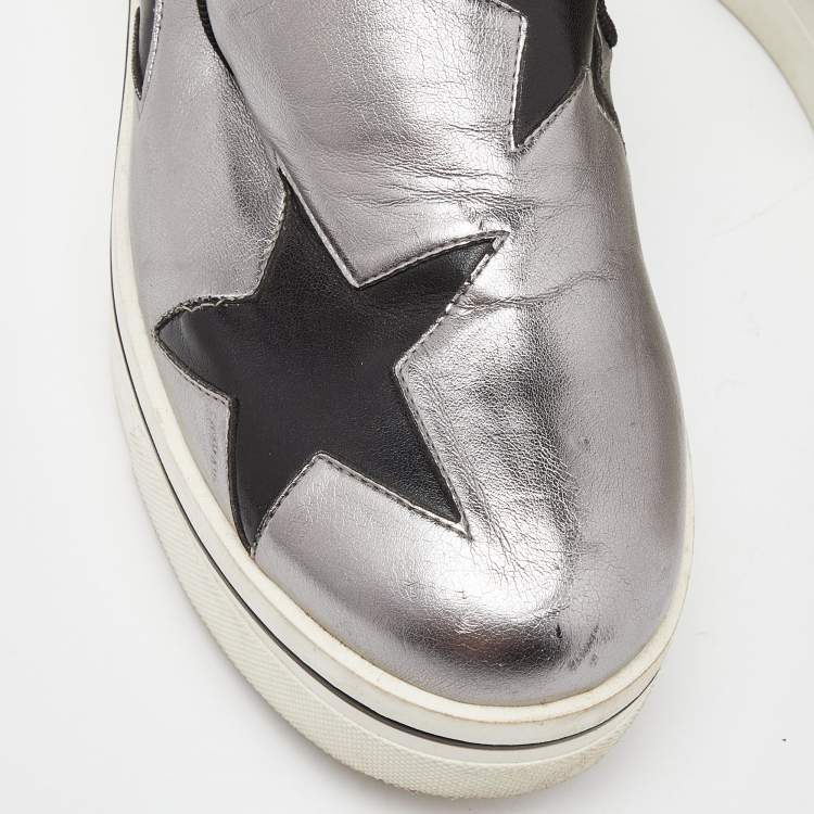 Pre Owned Stella McCartney Silver/Black Faux Leather Binx Star Slip On Sneakers Size 37