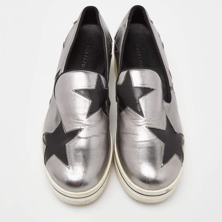 Pre Owned Stella McCartney Silver/Black Faux Leather Binx Star Slip On Sneakers Size 37