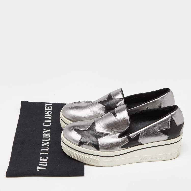 Pre Owned Stella McCartney Silver/Black Faux Leather Binx Star Slip On Sneakers Size 37
