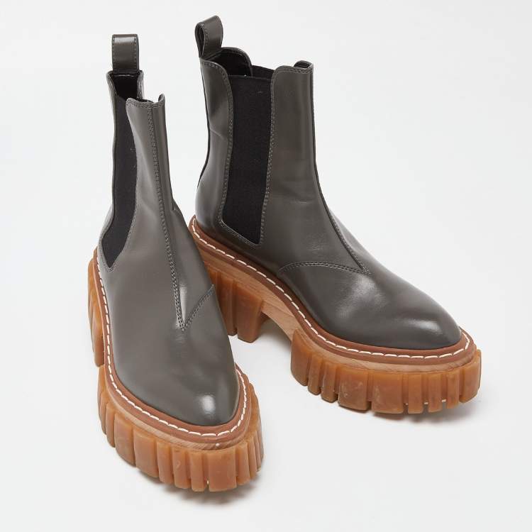 Pre Owned Stella  Mccartney Grey Leather Vegan Chelsea Boots Size 37