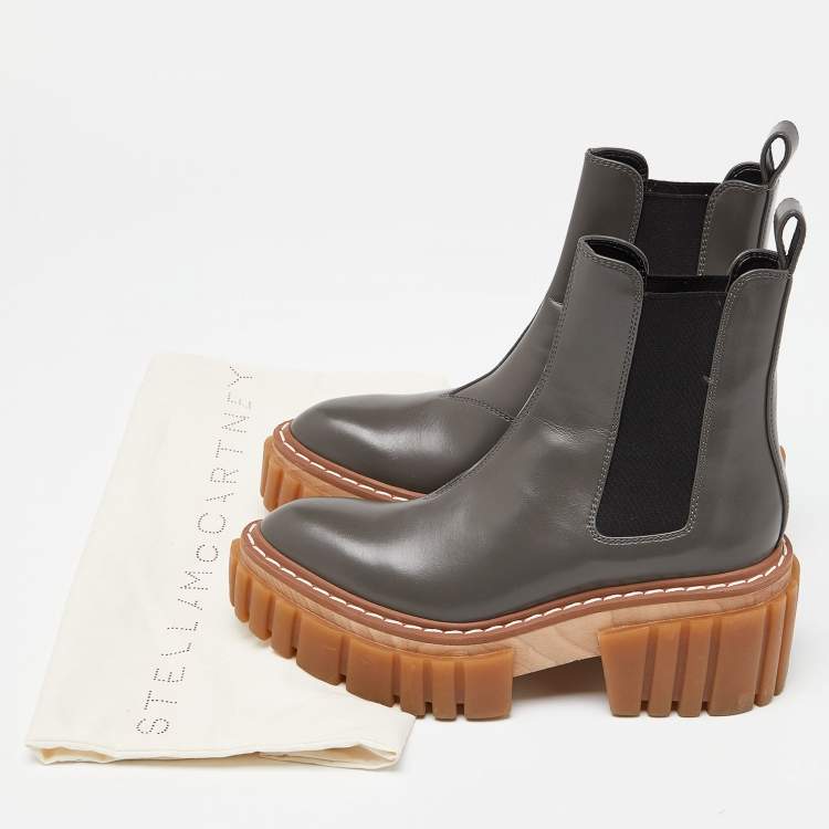 Pre Owned Stella  Mccartney Grey Leather Vegan Chelsea Boots Size 37