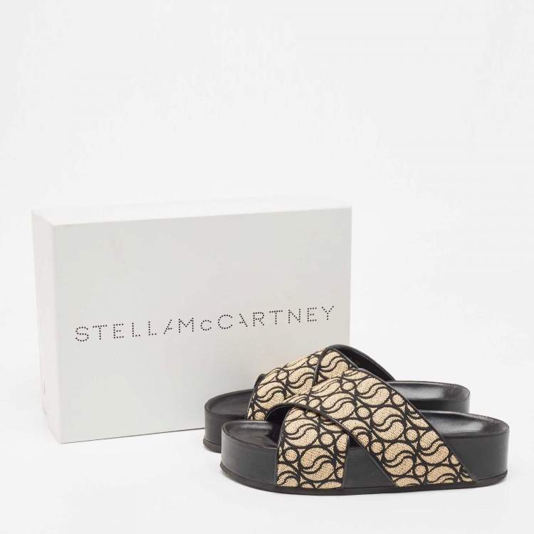 Pre Owned Stella McCartney Beige/Black Monogram Straw Slide Sandals Size 38