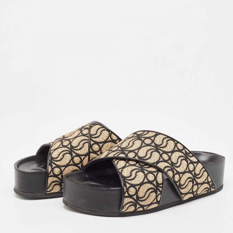 Pre Owned Stella McCartney Beige/Black Monogram Straw Slide Sandals Size 38
