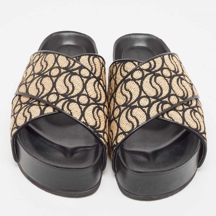 Pre Owned Stella McCartney Beige/Black Monogram Straw Slide Sandals Size 38