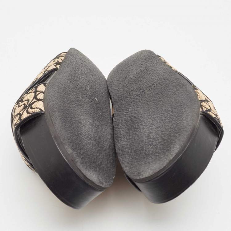 Pre Owned Stella McCartney Beige/Black Monogram Straw Slide Sandals Size 38