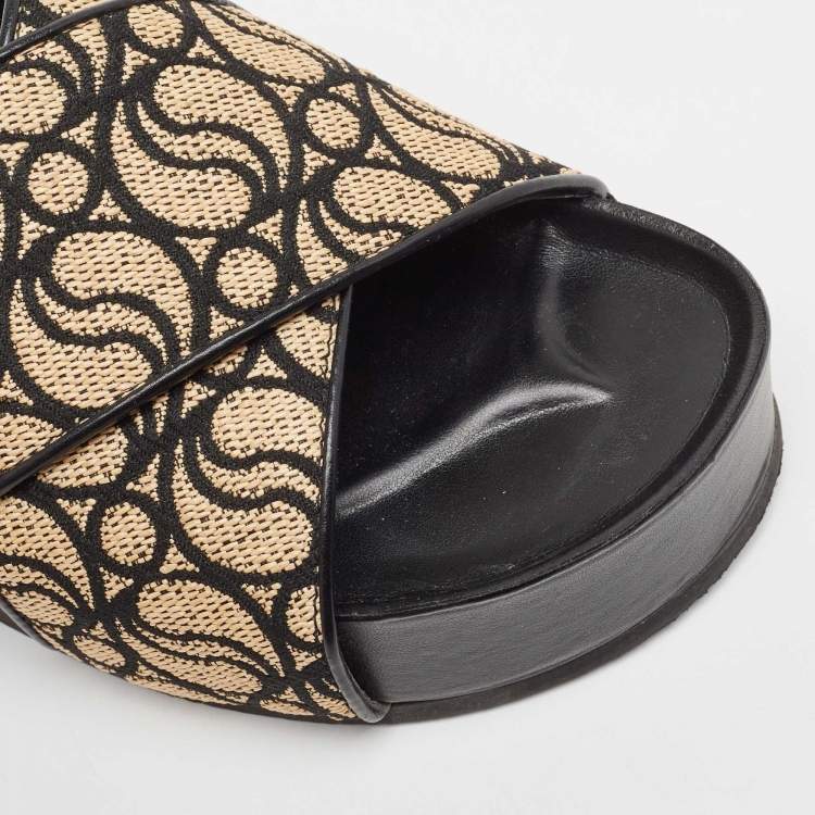 Pre Owned Stella McCartney Beige/Black Monogram Straw Slide Sandals Size 38