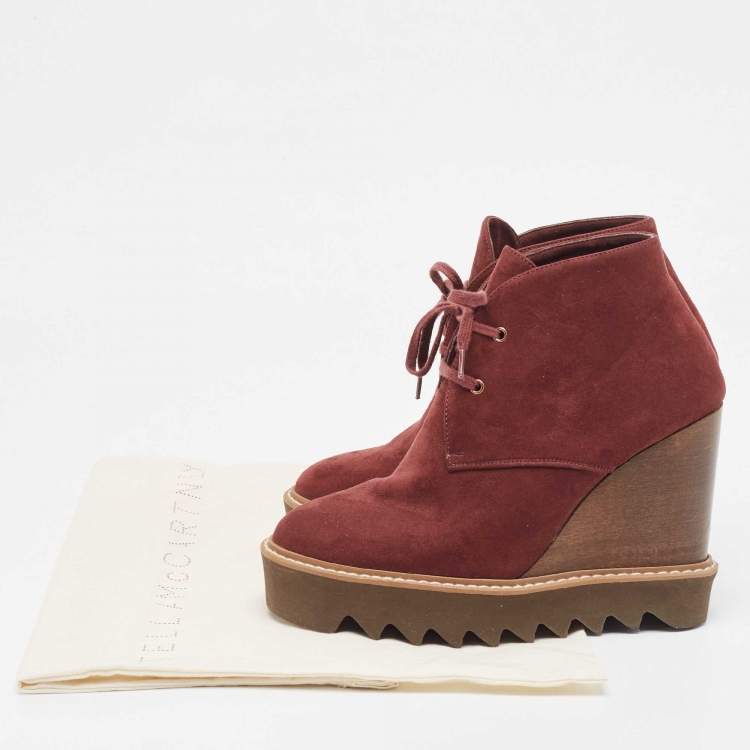 Pre Owned Stella McCartney Burgundy Faux Suede Leana Wedge Boots Size 37