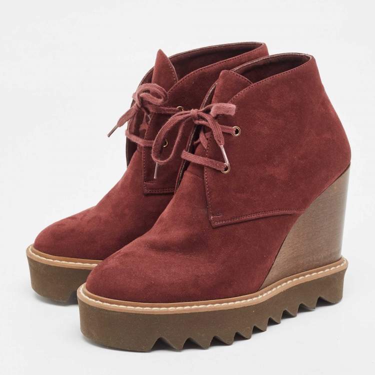 Pre Owned Stella McCartney Burgundy Faux Suede Leana Wedge Boots Size 37