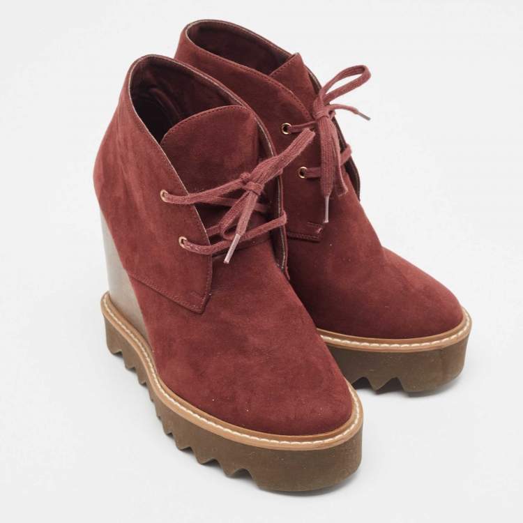 Pre Owned Stella McCartney Burgundy Faux Suede Leana Wedge Boots Size 37