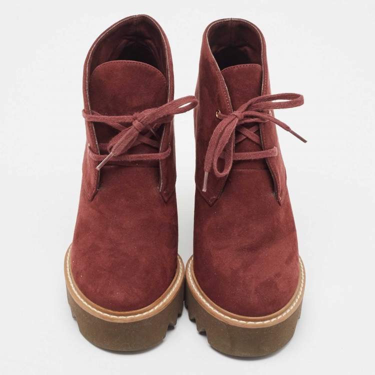 Pre Owned Stella McCartney Burgundy Faux Suede Leana Wedge Boots Size 37