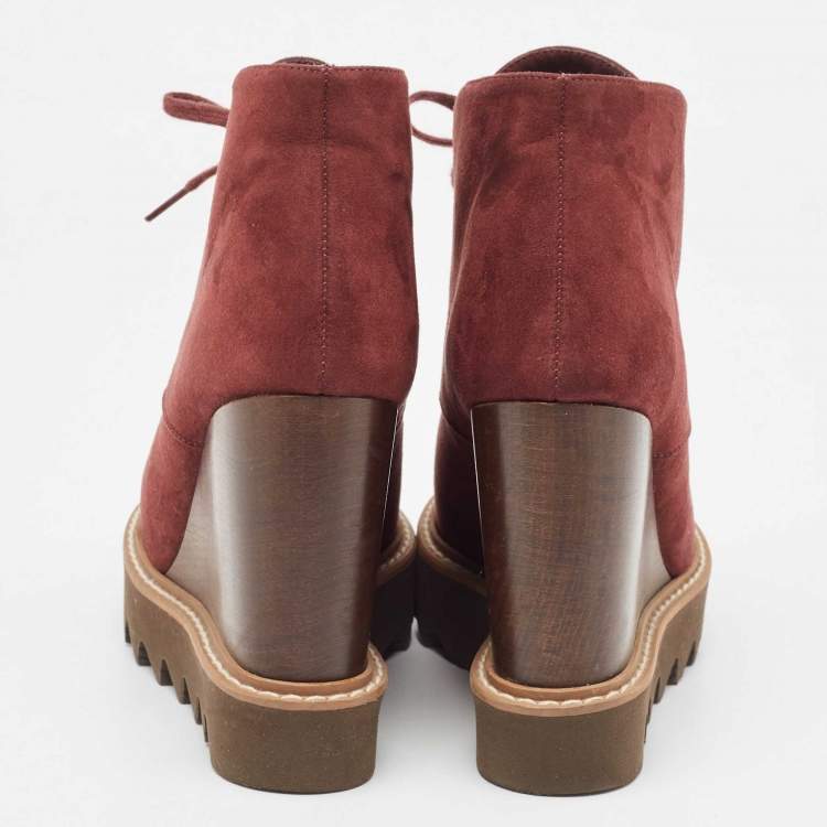 Pre Owned Stella McCartney Burgundy Faux Suede Leana Wedge Boots Size 37