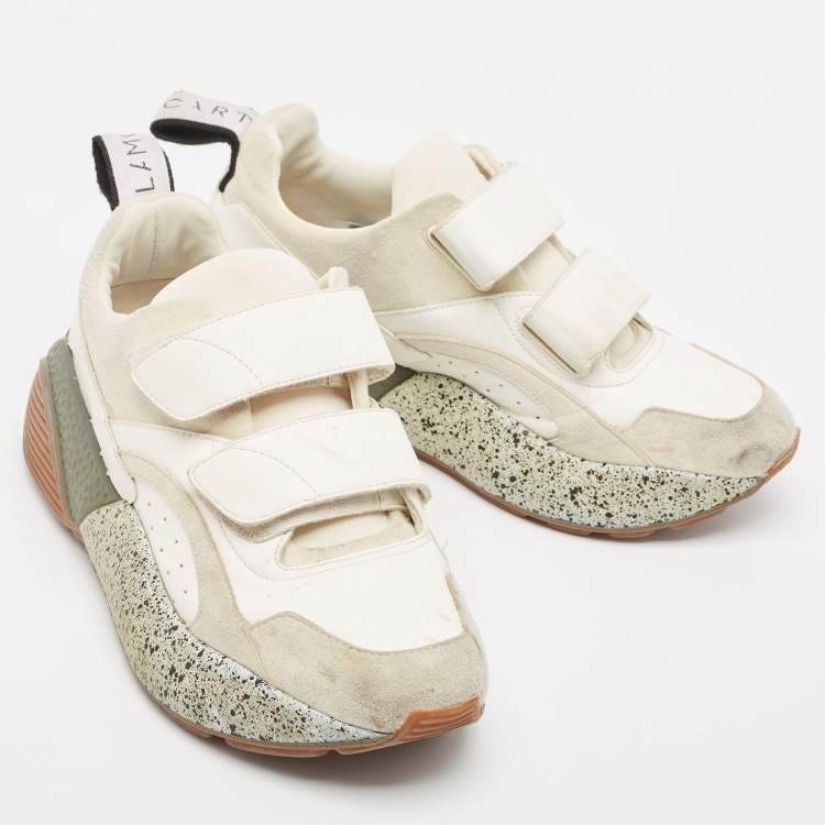 Pre Owned Stella McCartney Cream/White Faux Suede And Faux Leather Eclypse Velcro Strap Sneakers Size 38 