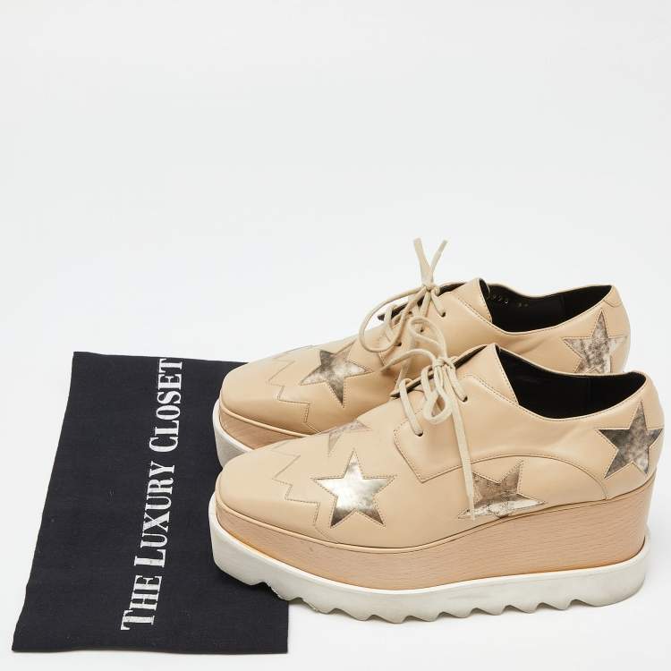 Pre Owned Stella McCartney Beige Faux Leather Elyse Star Platform Sneakers Size 36