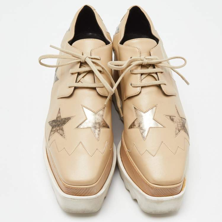 Pre Owned Stella McCartney Beige Faux Leather Elyse Star Platform Sneakers Size 36
