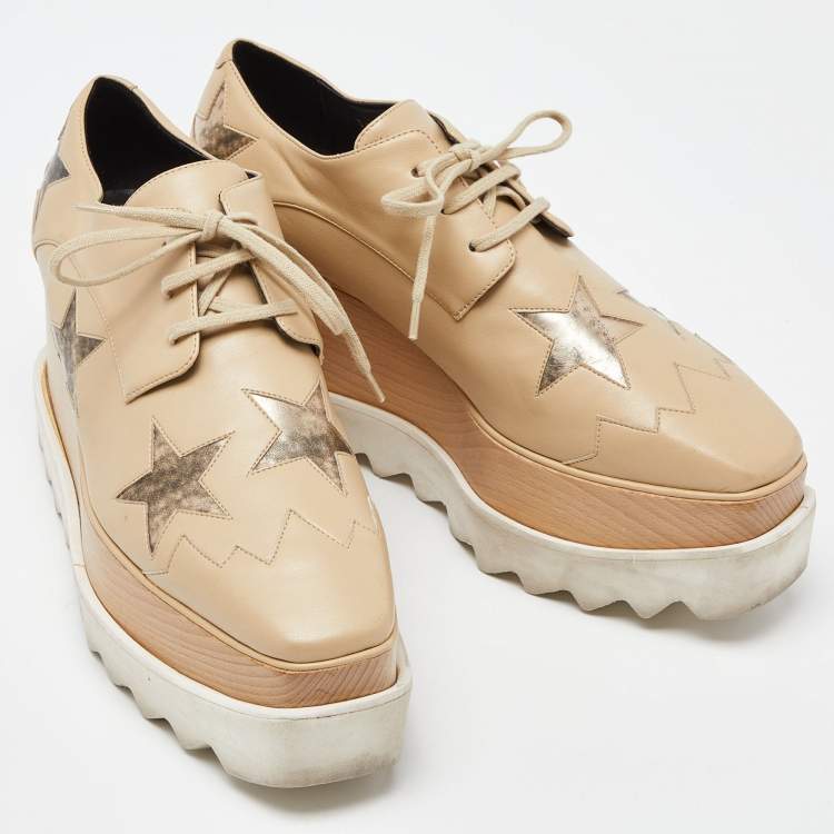 Pre Owned Stella McCartney Beige Faux Leather Elyse Star Platform Sneakers Size 36