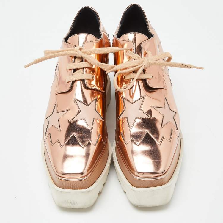 Pre Owned Stella McCartney Metallic Rose Gold Faux Leather Elyse Platform Derby Sneakers Size 37