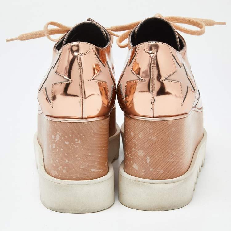 Pre Owned Stella McCartney Metallic Rose Gold Faux Leather Elyse Platform Derby Sneakers Size 37