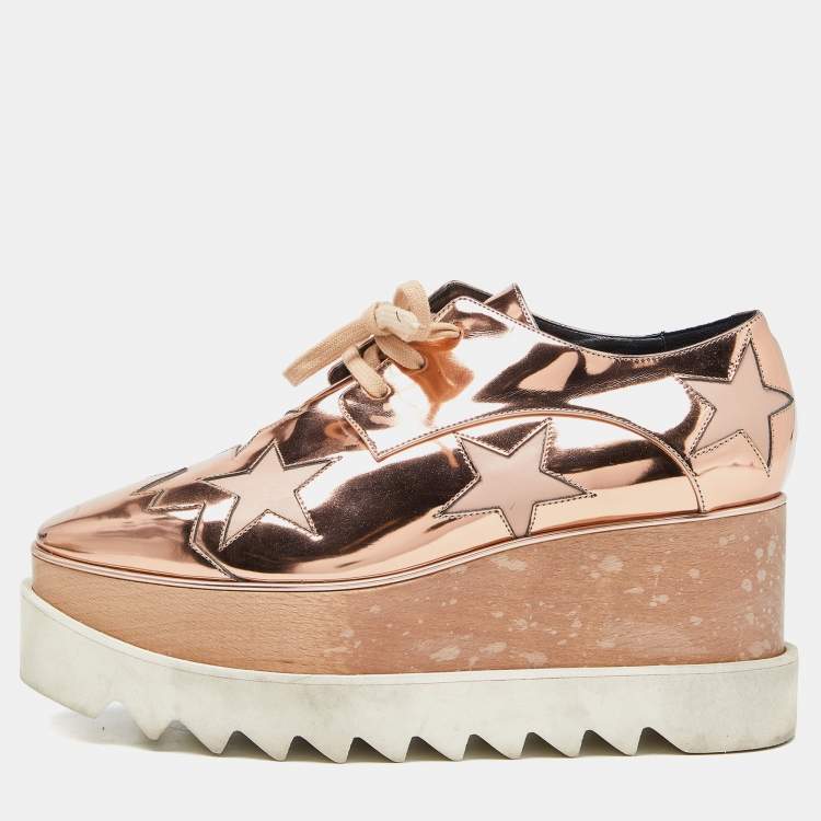 Pre Owned Stella McCartney Metallic Rose Gold Faux Leather Elyse Platform Derby Sneakers Size 37