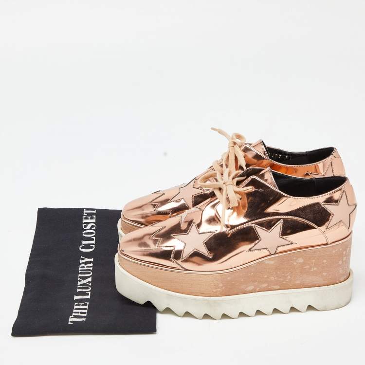 Pre Owned Stella McCartney Metallic Rose Gold Faux Leather Elyse Platform Derby Sneakers Size 37