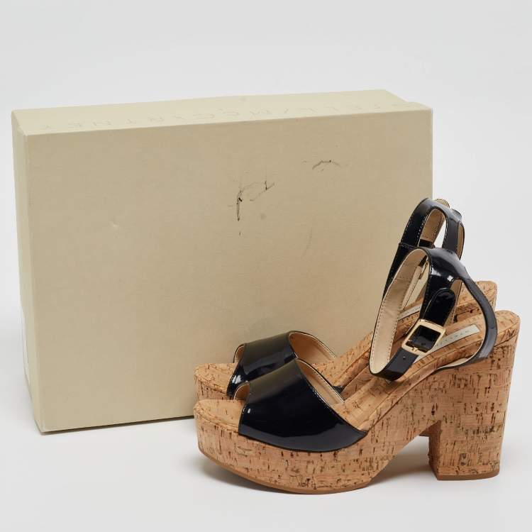 Pre Owned Stella McCartney Black Faux Patent And Cork Platform Ankle Strap Sandals Size 38