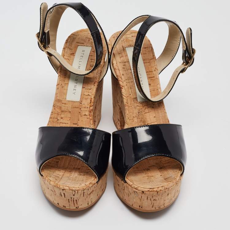 Pre Owned Stella McCartney Black Faux Patent And Cork Platform Ankle Strap Sandals Size 38