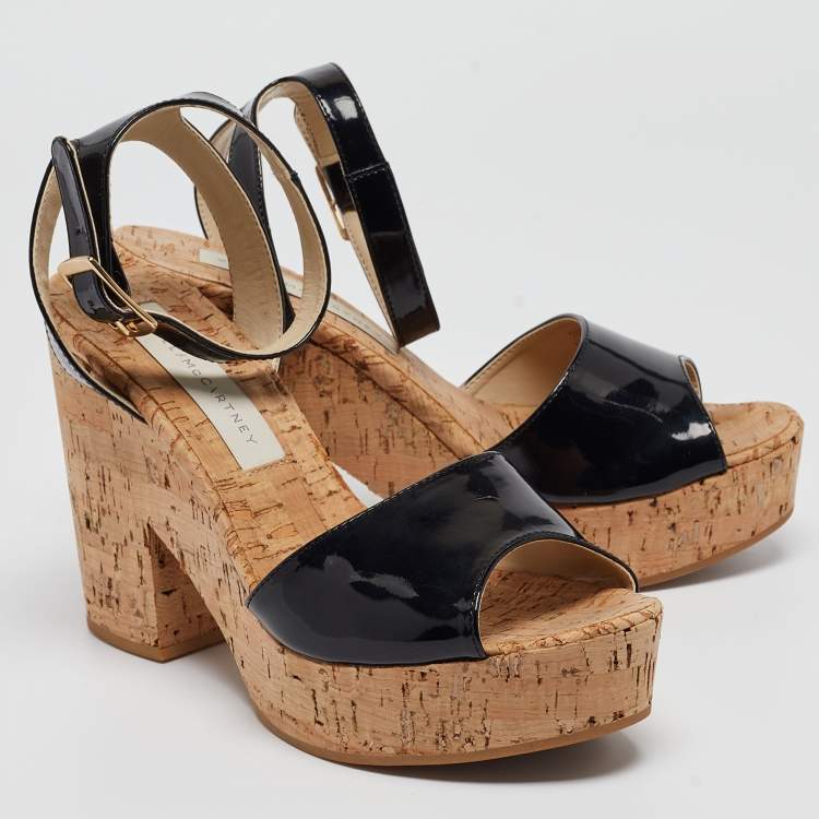 Pre Owned Stella McCartney Black Faux Patent And Cork Platform Ankle Strap Sandals Size 38
