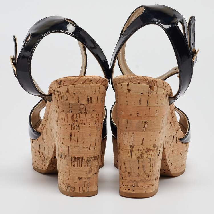 Pre Owned Stella McCartney Black Faux Patent And Cork Platform Ankle Strap Sandals Size 38