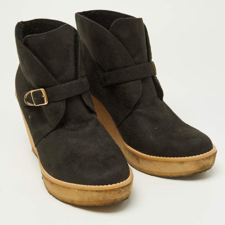 Pre Owned Stella McCartney Black Faux Suede Buckle Detail Wedge Ankle Booties Size 39