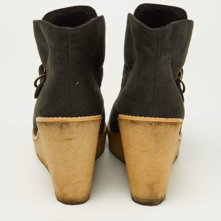 Pre Owned Stella McCartney Black Faux Suede Buckle Detail Wedge Ankle Booties Size 39