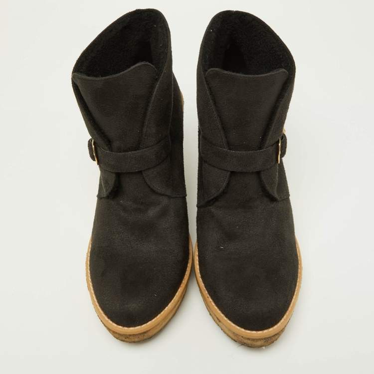 Pre Owned Stella McCartney Black Faux Suede Buckle Detail Wedge Ankle Booties Size 39