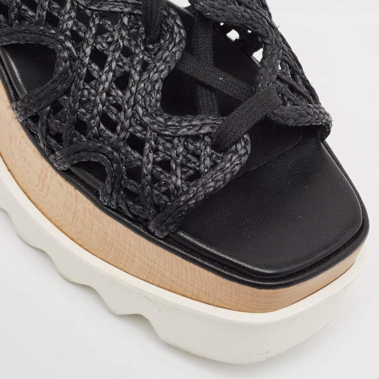 Pre Owned Stella McCartney Black Raffia Elyse Platform Wedge Sandals Size 36.5