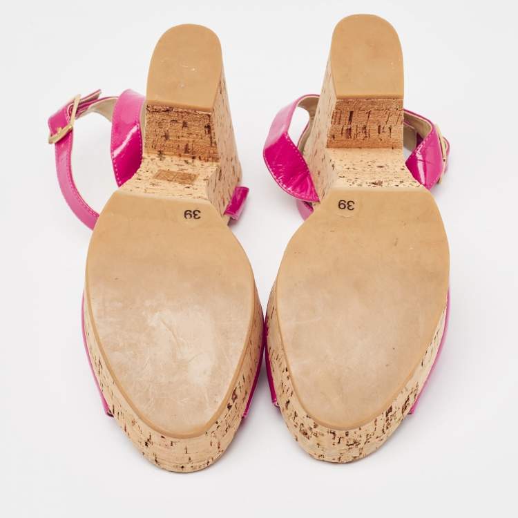 Pre Owned Stella McCartney Pink Faux Patent And Cork Platform Ankle Strap Sandals Size 39
