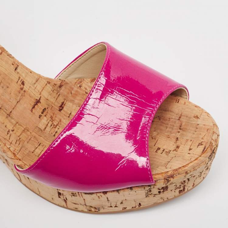 Pre Owned Stella McCartney Pink Faux Patent And Cork Platform Ankle Strap Sandals Size 39