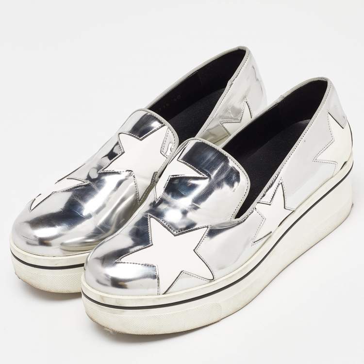 Pre Owned Stella McCartney White/Silver Faux Leather Star Platform Binx Slip On Sneakers Size 40
