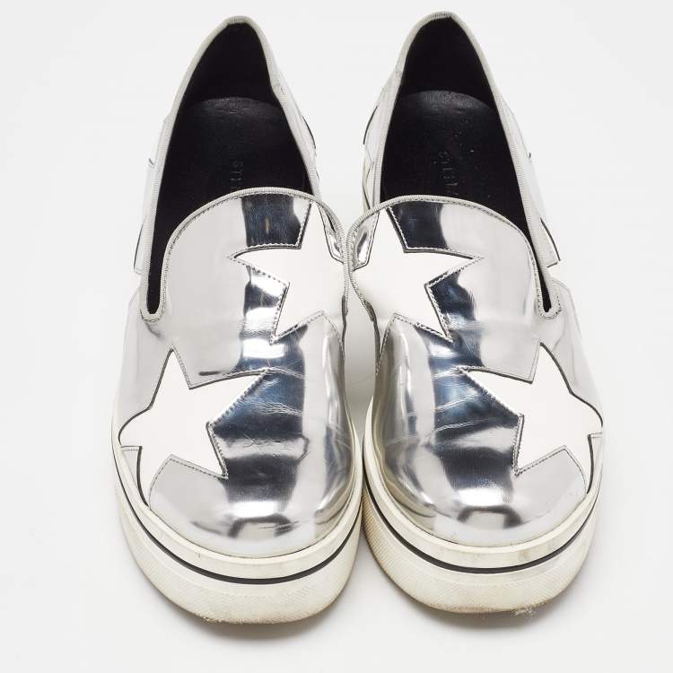 Pre Owned Stella McCartney White/Silver Faux Leather Star Platform Binx Slip On Sneakers Size 40