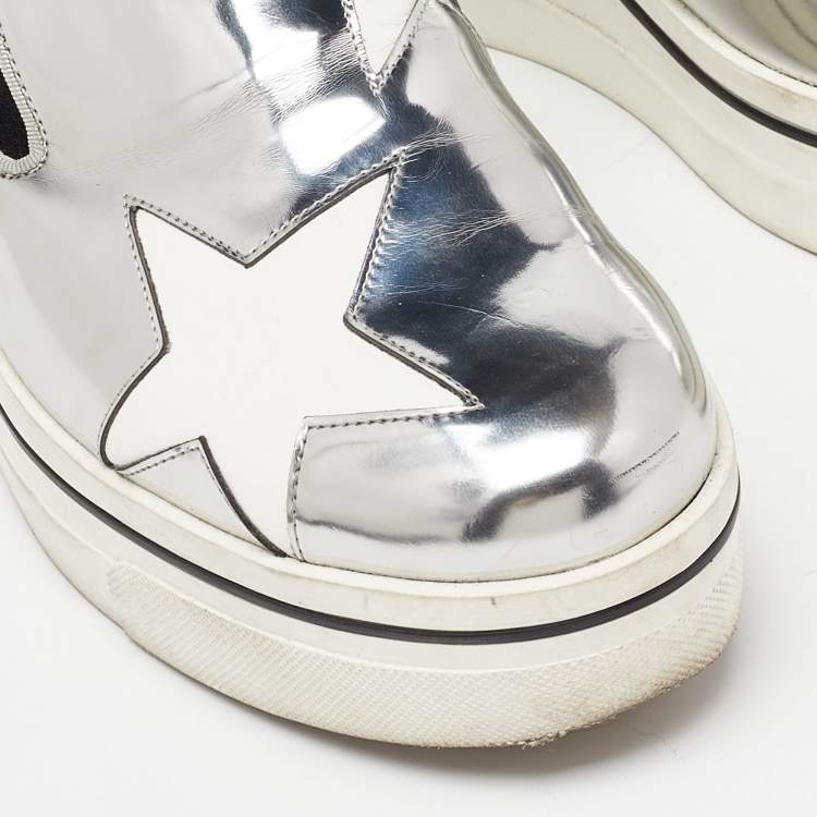 Pre Owned Stella McCartney White/Silver Faux Leather Star Platform Binx Slip On Sneakers Size 40