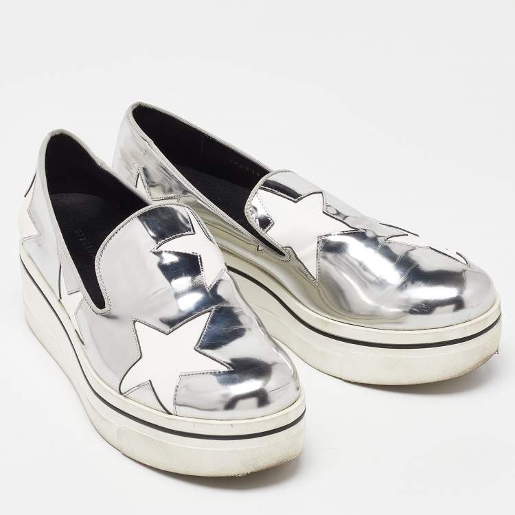 Pre Owned Stella McCartney White/Silver Faux Leather Star Platform Binx Slip On Sneakers Size 40