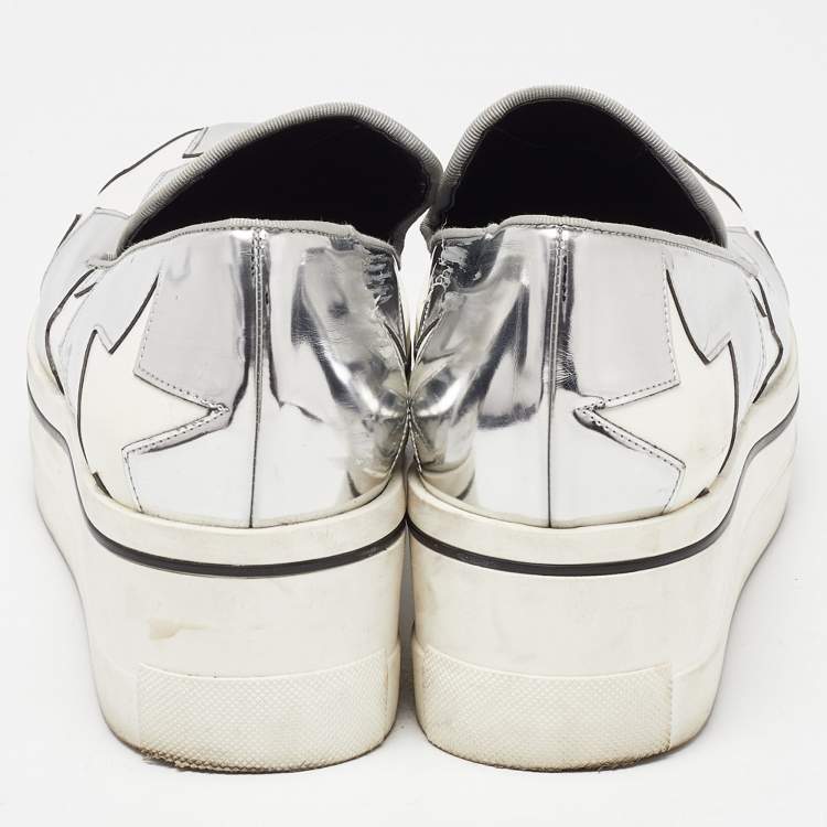 Pre Owned Stella McCartney White/Silver Faux Leather Star Platform Binx Slip On Sneakers Size 40