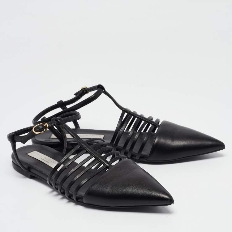 Pre Owned Stella McCartney Black Faux Leather Ankle Strap Ballet Flats Size 37