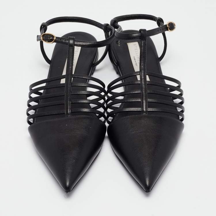 Pre Owned Stella McCartney Black Faux Leather Ankle Strap Ballet Flats Size 37
