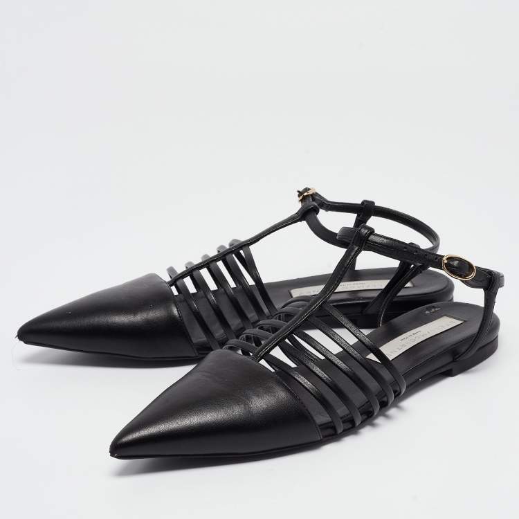 Pre Owned Stella McCartney Black Faux Leather Ankle Strap Ballet Flats Size 37
