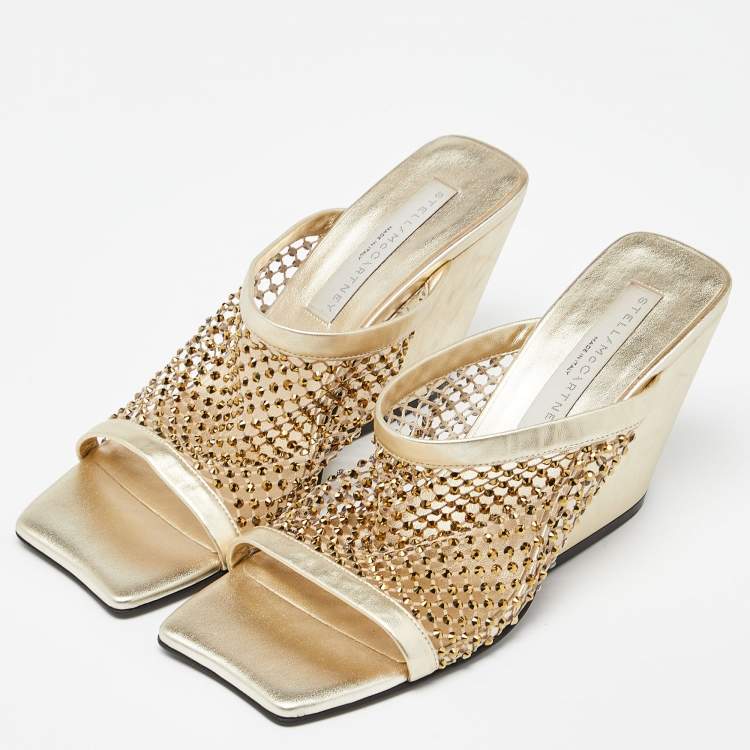 Pre Owned Stella McCartney Gold Faux Leather Crystal Embellished Slide Sandals Size 38